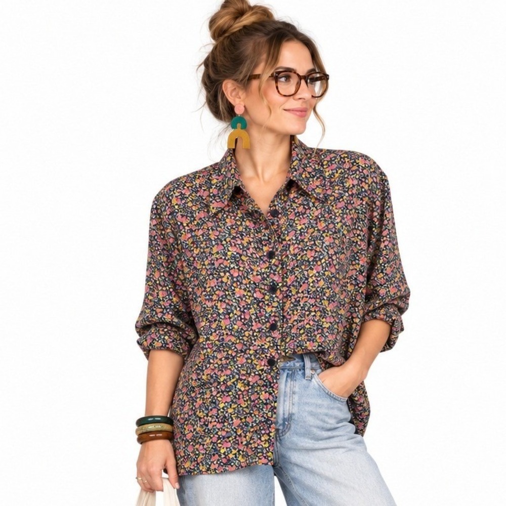 Vintage 100% Silk Ditsy Floral Blouse Size 20 Art Teacher Cottagecore Boho Chic